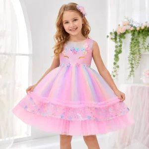 Customizable Summer Rainbow Tulle Sweet Eco Friendly Breathable Girls Sleeveless Princess Dresses for Kids Halloween