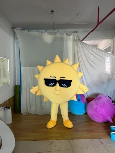 Customizable Summer Sunshine Mascot Costume with Sunglasses Ideal for Beach and Festival Events