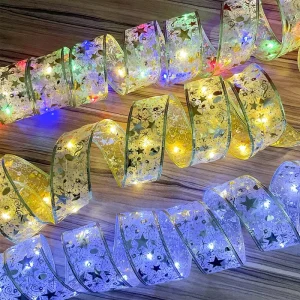 Customize Battery Powered Christmas Tree Decorative LED Lights Golden Silver Ribbon String Lights