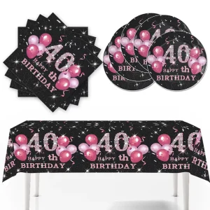 Customized Black Pink 40th Birthday Party Decoration Set Includes Wedding Festive Paper Plate for Valentine’s Day Graduation