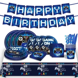 Customized Blue Gaming Theme Disposable Tableware Kits Including Birthday Banner Paper Plates Game Pattern Party Supplies
