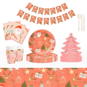 Customized Christmas Tableware Set Include Paper Plate Cups and Napkins for Christmas Party Table Decoration