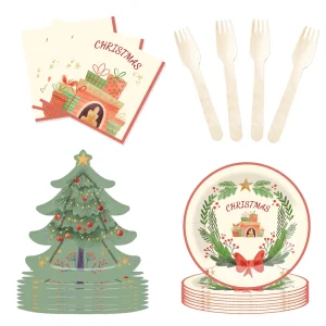 Customized Christmas Tree Shape Party Tableware Set Christmas Nutcracker Garland Paper Plate Cup Dinner Tableware Set