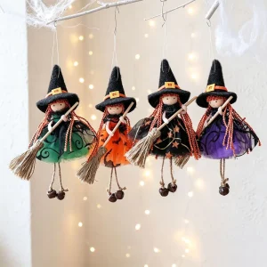 Customized Color 20cm Classic Silk Screen Printed Cloth Mesh Broom Girl Angel Pendant Bell Hanging Doll Tree Halloween