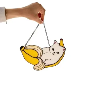 Customized Funny Cat Banana Art Deco Stained Glass Coaster Set Colorful Nursery Wall Hanging Nature Lovers Unique Decor YAPPIE