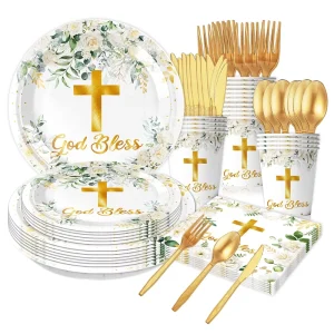 Customized Gold Cross Theme Party Decoration Set Includes Paper Plate for Festive Occasions Christmas Diwali Halloween Easter