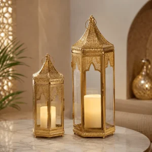 Customized Gold Moroccan Metal Glass Ramadan Fanoos Lantern Set for Eid Wedding Decor