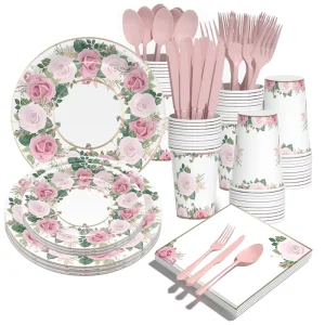 Customized Kids Party Supplies Rose Theme Decorations Printed Party Supplies Kits Birthday Party Tableware Sets