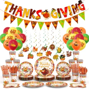 Customized Modern Thanksgiving Turkey Maple Leaf Themed Party Decoration Set Includes Disposable Paper Plate Balloons for