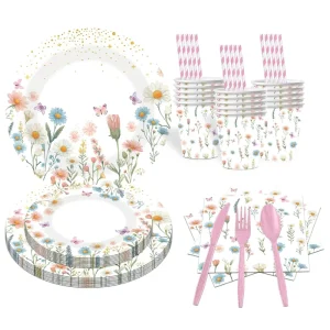 Customized New Arrival Flower Theme Disposable Paper Plates Set Tableware Kits Paper Plates Napkins Party Supplies