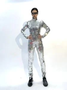 Customized Performance Costume Mirror Face Person Costume High Neck Jumpsuit Mirror Parade Costume Handmade Women’s Style