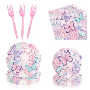 Customized Pink Butterfly Easter Party Supplies Paper Plates Tissue Banners