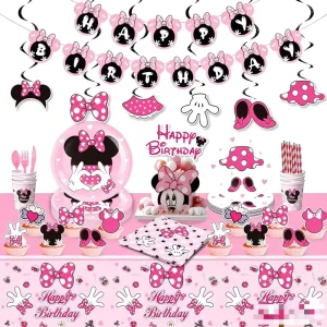 Customized Pink Mouse Cartoon Disposable Tableware Paper Cups Plates Tablecloth for Girls Baby Shower Birthday Party Decorations