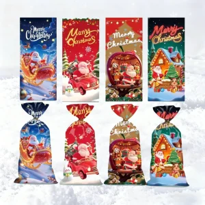 Customized Recyclable HDPE Cellophane Christmas Treat Bags Merry Christmas Gift Bags Bulk Plastic Santa Claus Snowman Candy Bag