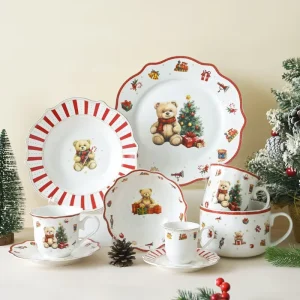 Cute Bear Gold Trim Ceramic Dinnerware Set Christmas Plate Bowl Set Holiday Gift Tableware for Home Kitchen