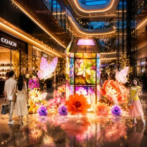 Cute Blue Wing Flower Elf Lantern Kits with Giant Blooms, Indoor Check-in Decor for Mall Complexes and Kid Shopping Plazas