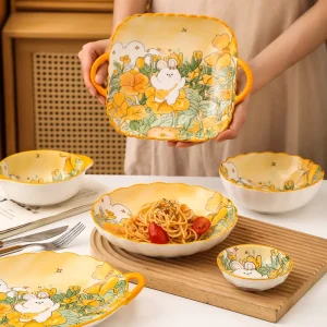Cute Cartoon Flower and Rabbit Ceramic Tableware Bowls Dishes Double Handle Microwave Safe Festive Gift Soup Bowl