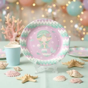 Cute Cartoon Little Mermaid Ocean Sea Girl Baby Shower Custom Printed Eco Compostable Toddler Birthday Round Paper Plates