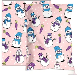 Cute Cartoon Snowman Print Pink Drawstring Paper Gift Bag Winter Christmas Holiday Candy Cookie Present Packaging Treat Bag