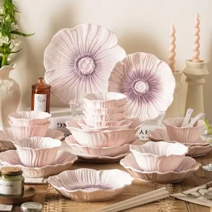 Cute Ceramic Dinnerware Flower Shape Porcelain Purple Color Bowl Plate Tableware Restaurant Salad Dinner Plates