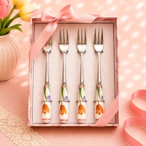 Cute Christmas Tulip Flower Eco Friendly 4 Piece Gift Box Christmas Stainless Steel Dessert & Coffee Fork Set Tableware