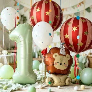 Cute Circus Lion Foil Balloon Set Green Number Balloons Striped Star Balloon for 1st Birthday Baby Shower Party Decor Globos
