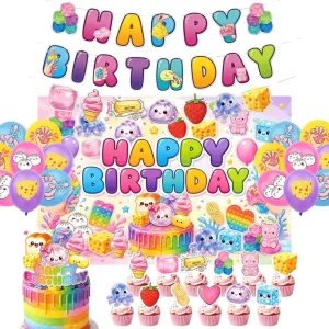 Cute Food Themed Birthday Decor Kit Party Backdrop Balloons Banners and Cake Toppers for Colorful Celebration Kids Party