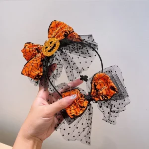 Cute Halloween Orange Pumpkin Bow Headband Black Polka Dot Mesh Tulle Bat Hairband Spooky Party Costume Hair Accessory