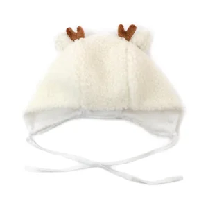 Cute Kids Deer Hood Hat Cream White Polar Fleece 3D Antlers Decor Balaclava with Chin Tie for Holiday Daily