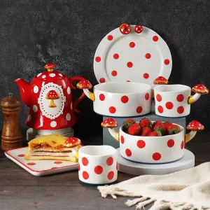 Cute Mushroom Ceramic Dinner Set with Red White Polka Dot and 3D Mushroom Handle for Kids’ Daily Dining and Afternoon Tea