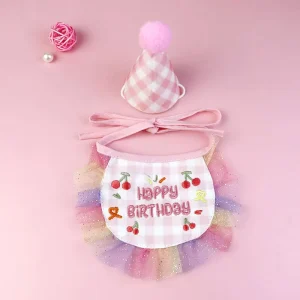 Cute Pet Birthday Party Set Knitted Dog Hat Lace Plaid Bib Adjustable Cat Puppy Costume Accessory Supplies All Seasons Multi Pet