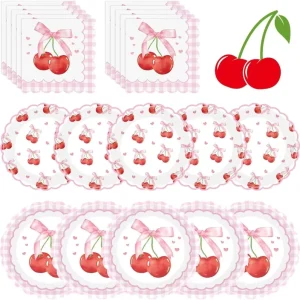 Cute Pink Cherry Disposable Tableware Set Wedding Birthday Festival Party Decorations