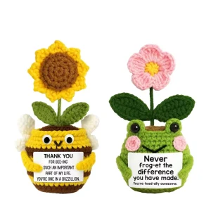 Cute Positive Explosions Handmade Crochet Frog Flower Potted Bee Sunflower Puppy Alien Knitted Doll Indoor Decoration Ornament