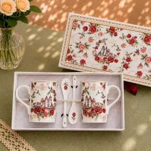 Cute Rose Print 300ML Ceramic Coffee Mug Tea Cup With Spoon Set Dishwasher Safe For Christmas Gifts