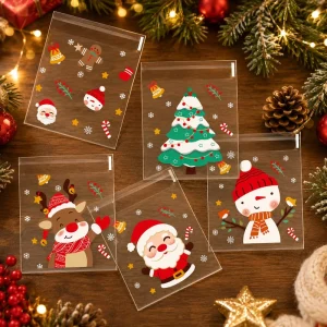 Cute Santa Claus Christmas Self-Adhesive Bags High-Transparency Food Packaging Display Bags for Candy Cookies and Desserts