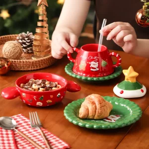 Cute Santa Printed Red Green Ceramic Mug Bowl Plate Novelty Holiday Tableware Gift Set for Housewarming Xmas Present