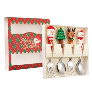 Cute Santa Stainless Steel Christmas Tree Souvenir Spoon Tableware Set with Fork in Gift Box for Festive Decorations