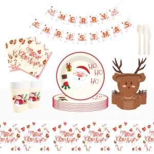 DAMAI Creative Christmas Tableware Set Include Deer Shape Paper Plate Cups and Napkins for Christmas Party Table Decorations