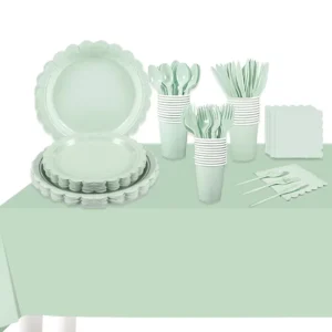 DAMAI Solid Color Party Supplies Embossed Paper Plate Napkins Cups Spoons Forks Knives Scalloped Plate Disposable Tableware Set