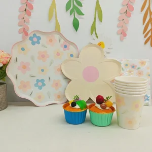 DAMAI Spring Tea Party Supplies Floral Themed Decoration Pink&Blue Flower Disposable Tableware Set Paper Plates Cups Napkins