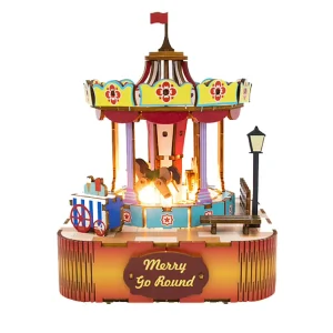 DIY Merry Go Round Wooden Music Box Kit LED Light Carousel Horse Street Lamp Mini Amusement Park Diorama Handcraft Miniature Kit