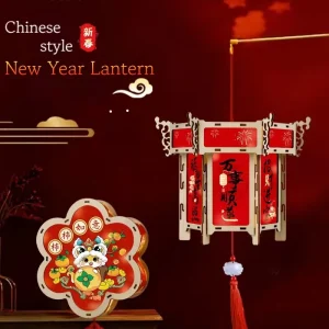 DIY Portable Wooden Red Lantern With LED Light Chinese Style Lantern For Kids Spring Festival Holiday Decorations
