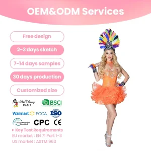 DXAP-35 Low MOQ OEM Service Women Samba Carnival Costume Orange Feather Headdress Dress Set Sequin Beaded Mini Skirt