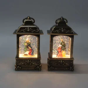 Decorative Bronze Ornate Lantern LED Snow Globe Santa Scene Holiday Decor Light