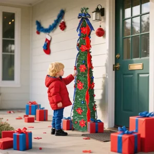 Decorative Christmas Tree with Red Flowers Blue Bows and Ornaments for Indoor and Outdoor Use
