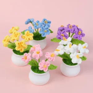 Delicate New Design Colorful Crochet Forget-me-not Flower with White Flowerpot Woolen Knitted Flower Ornament for Home