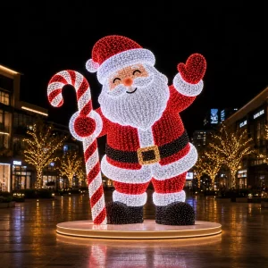 Department Store Atrium Towering Santa Holding Candy Cane LED Light Illuminated Base UL CE IP65 3D Santa Claus Motif Light