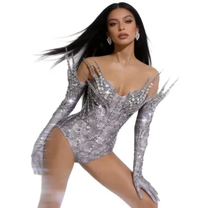 Designer Birthday Party One Piece Bodysuit with Gloves Women Club Jumpsuit Showgirl Performance Dance Leotard Festival Outfit