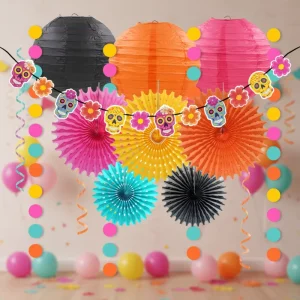 Dia De Muertos Theme Graduation Party Decoration Kit 12pcs Reusable Durable Paper Lampion Fan Dot Garland Banner Diwali Ramadan