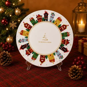 Diameter 25.5cm Ceramic Plate Christmas Town Dish Holiday Tableware for Home Party Gift Flat Dessert Plate